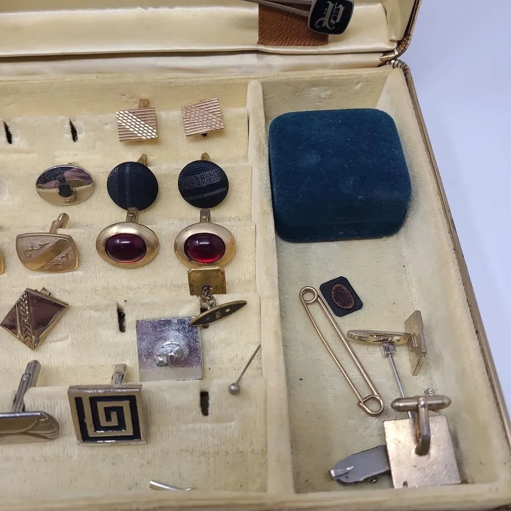 Vintage Mens Estate Jewelry Box Lot Cufflinks Tie Clips Bars Pins Accessory Vtg